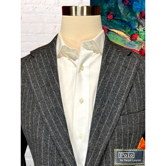Vintage Polo Ralph Lauren 40R Gray Stripe Wide Lapel Flannel Blazer Sport Jacket - Picture 2 of 15